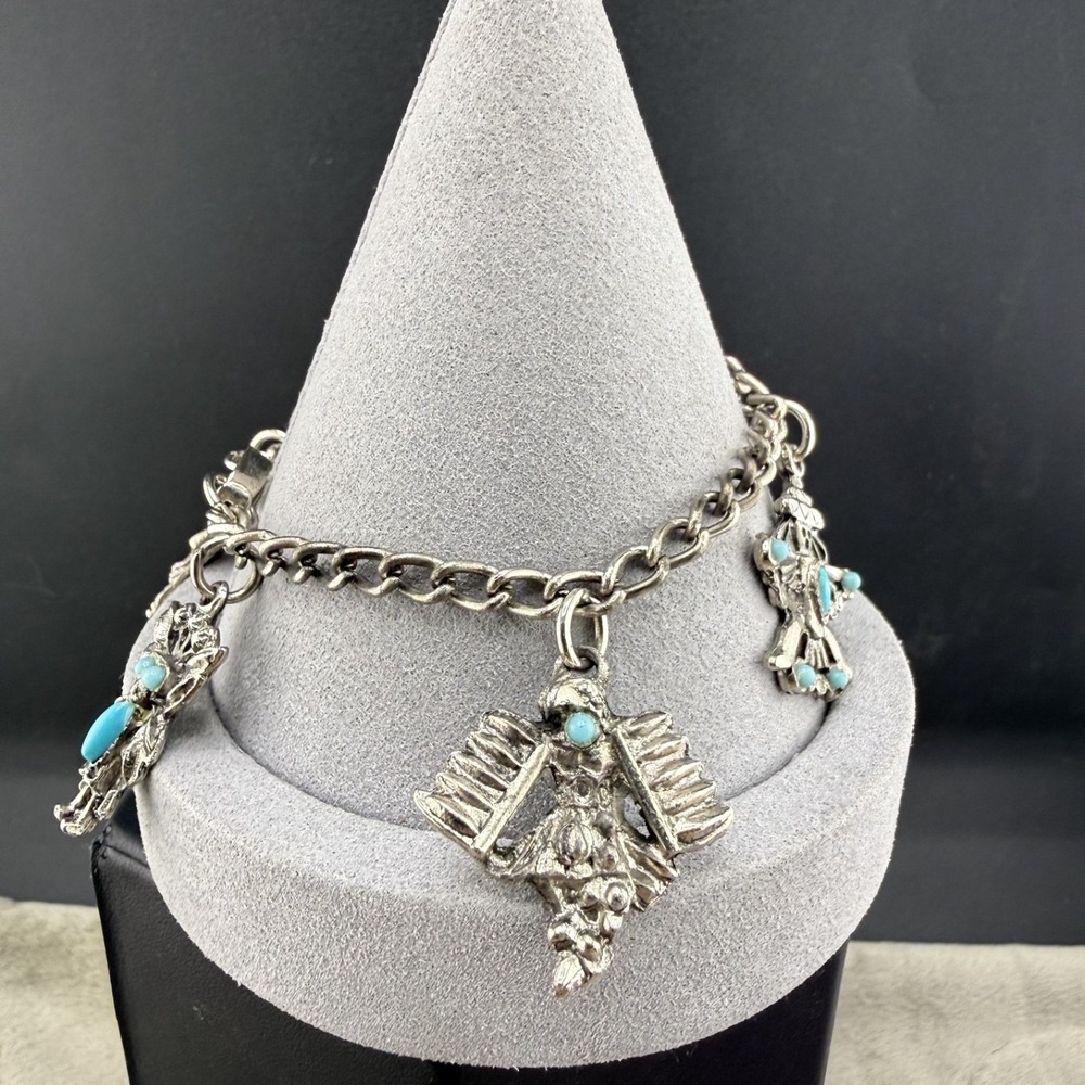 Vintage Estate Charm Bracelet Silver Tone Tribal Southwestern Ethnic 7"